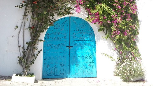 A blue door with flowers all around that invites to enter